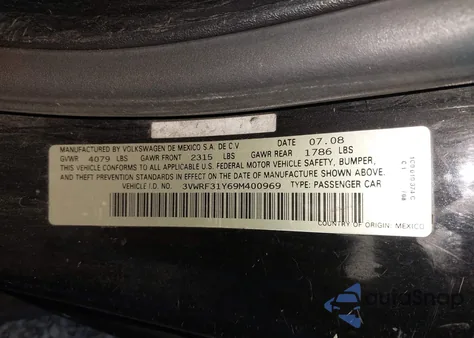 2009 Volkswagen New Beetle 2.5L z USA, uszkodzony, nr VIN 3VWRF31Y69M400969